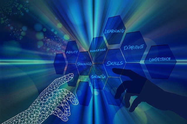 A disembodied hand clicking icons on the air showcasing talents, skills 