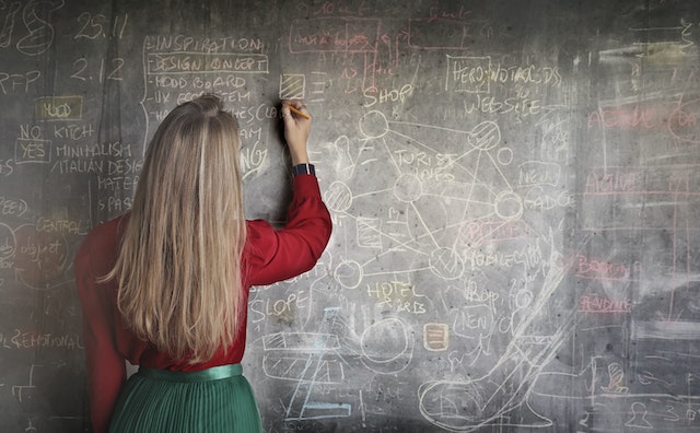 Teacher writing on blackboard