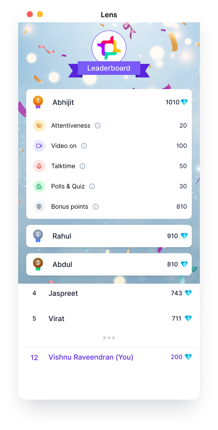 Performance leaderboard to track live class engagement on Lens