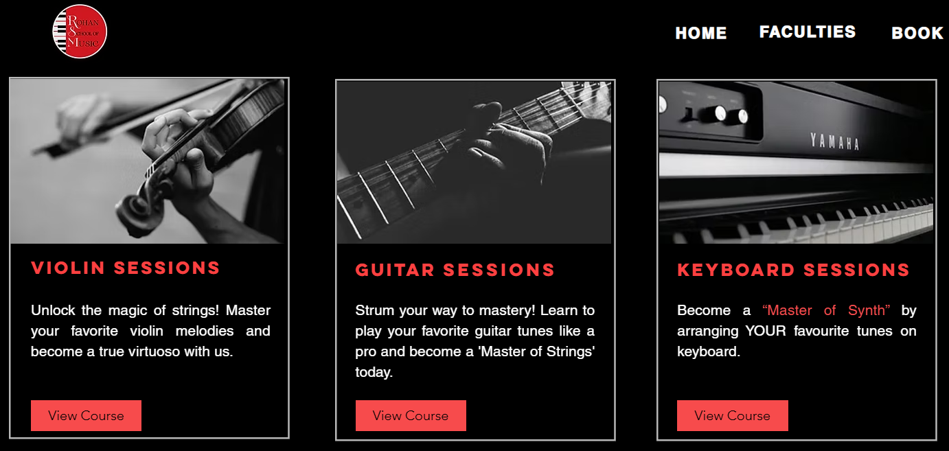 rohan school of music website screen shot