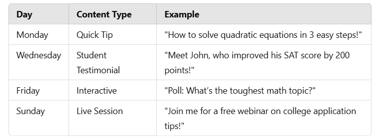 sample social media calendar for a tutor
