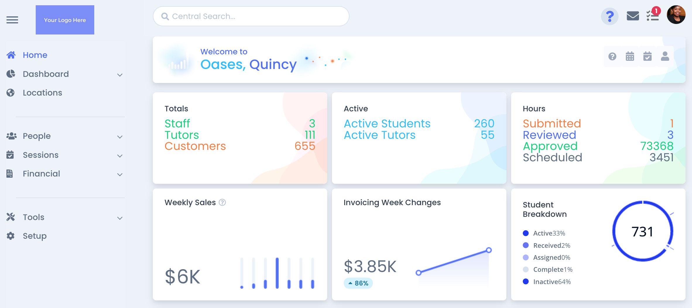 sample interface of a tutor management software for large businesses