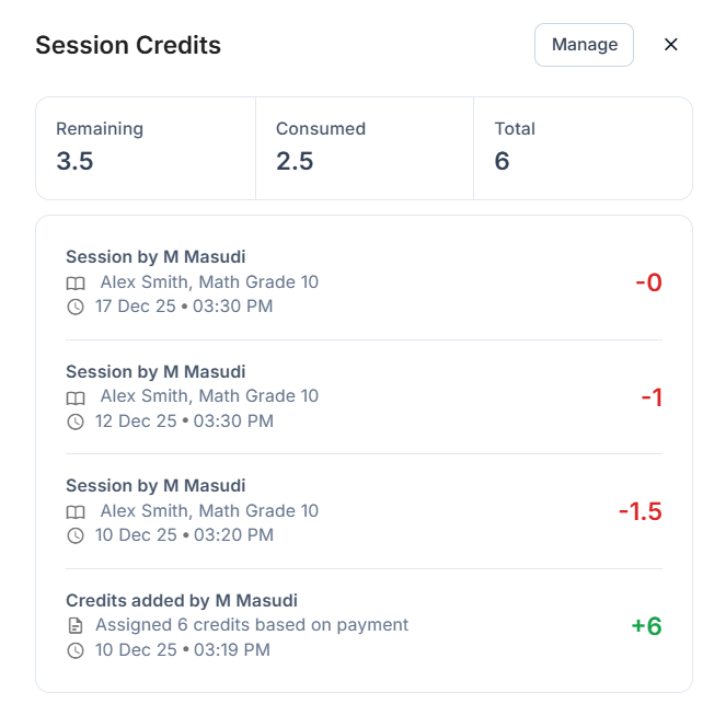 tutoring session credit and debit log