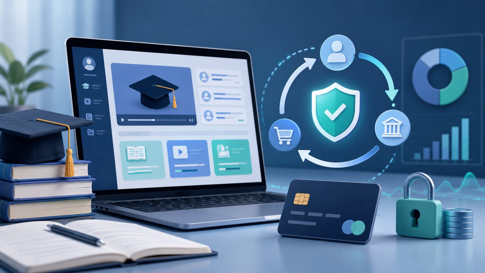 EdTech chargeback management illustration showing secure online learning payments, dispute prevention, and transaction protection.