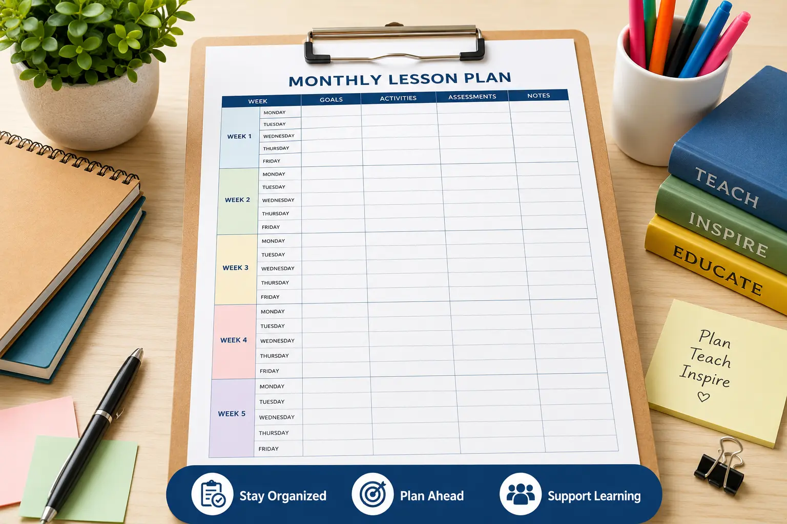 Monthly lesson plan template on a teacher desk with books and stationery
