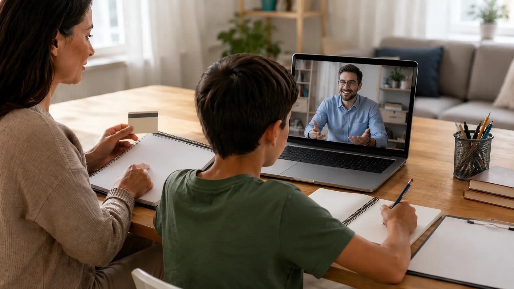 Parent and student attending an online tutoring session while reviewing payment options