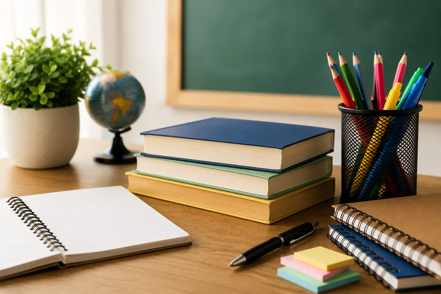 Study desk with books, notebooks, stationery, and classroom supplies