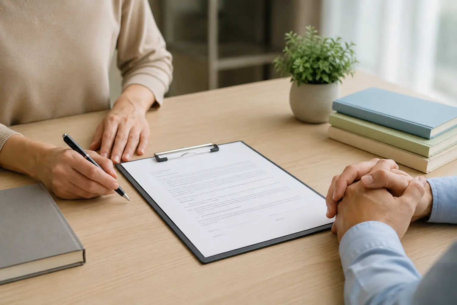 Tutor and client reviewing a tutoring contract agreement at a desk