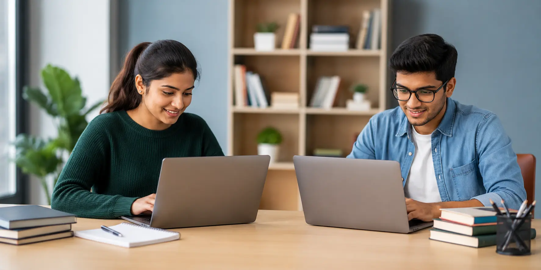 Two tutors using laptops in a modern learning space, representing tutoring software, online scheduling, and education management.