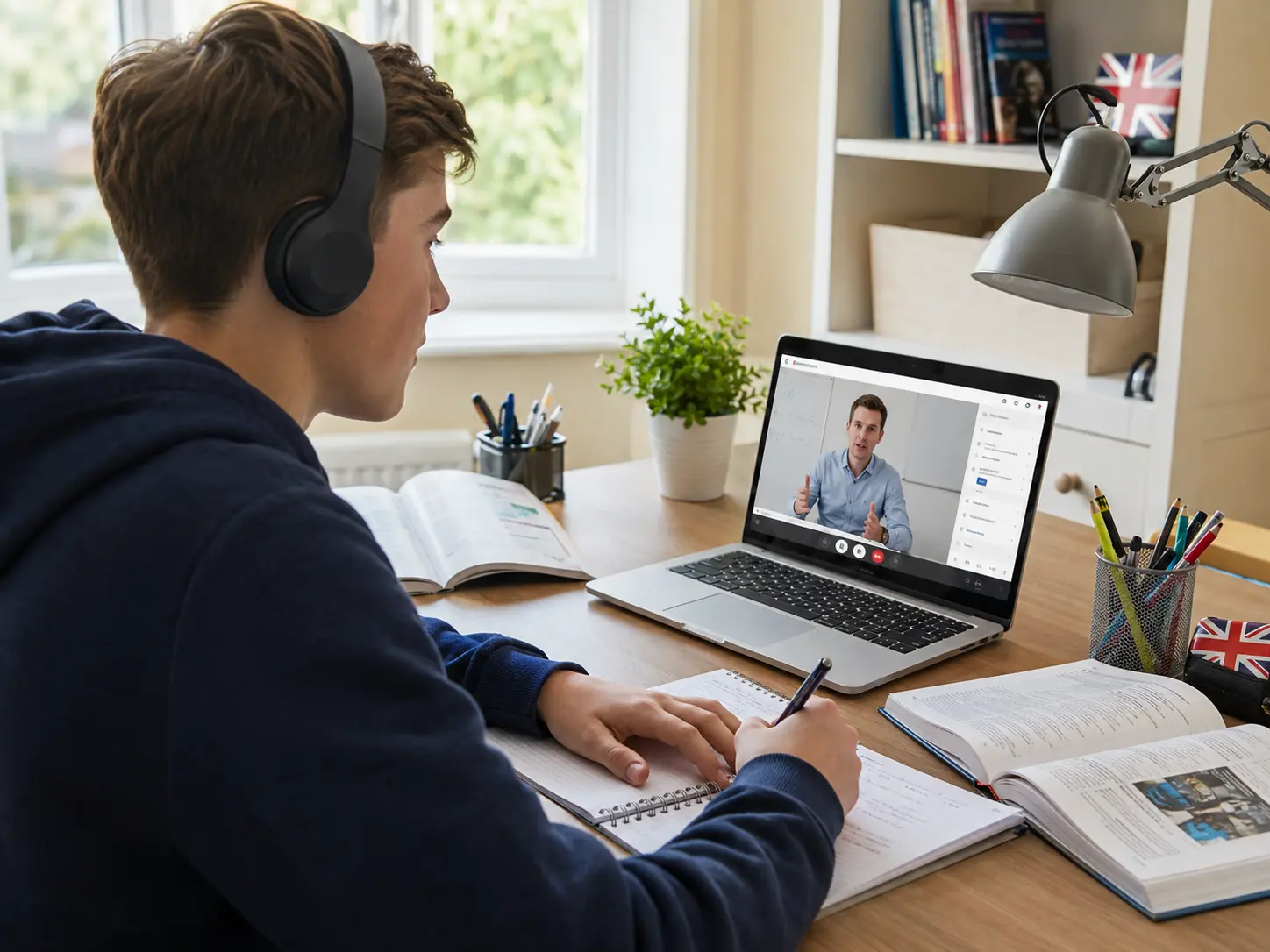 UK student attending an online tutoring session through a laptop