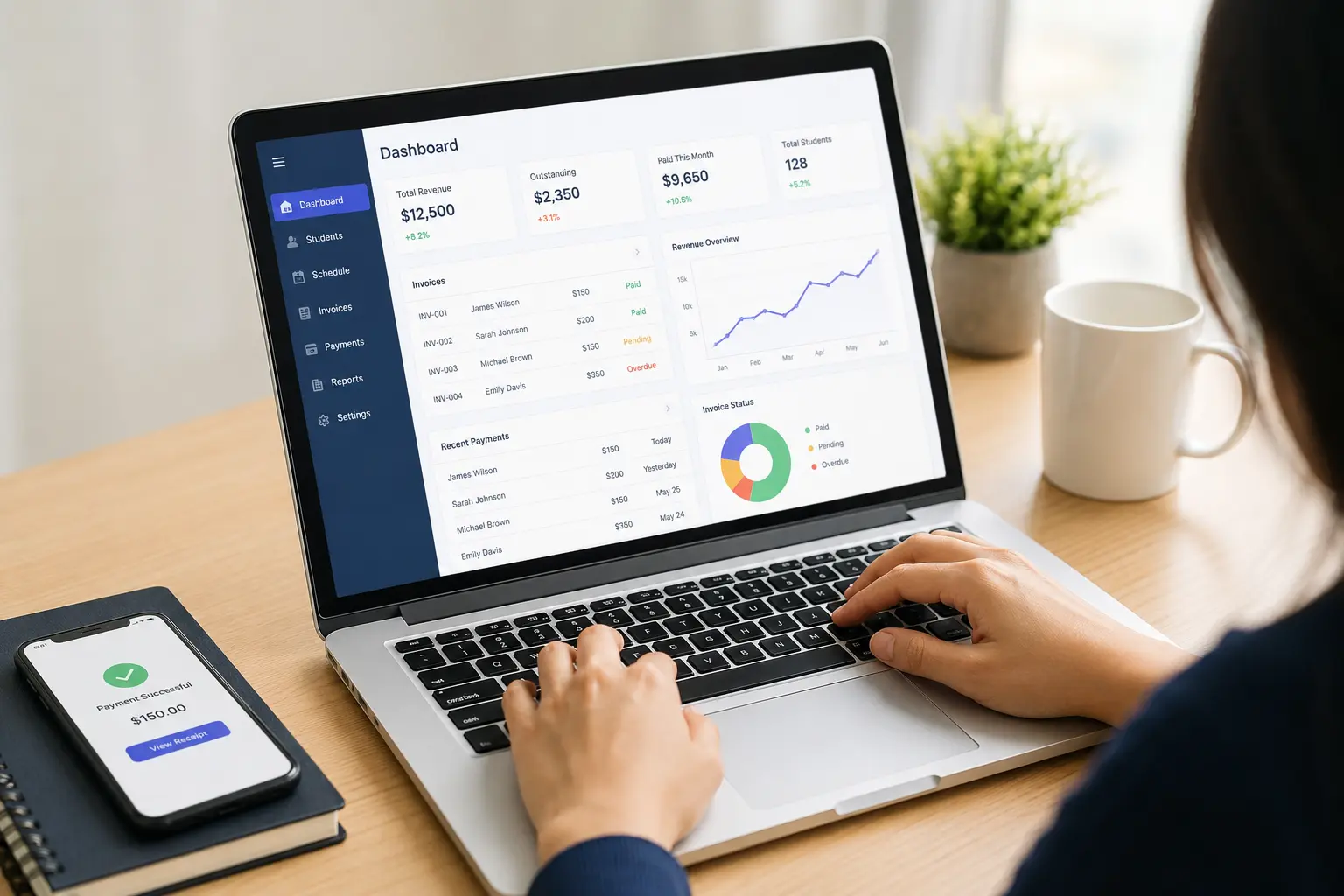 Tutor using billing management software to track student invoices, payments and revenue