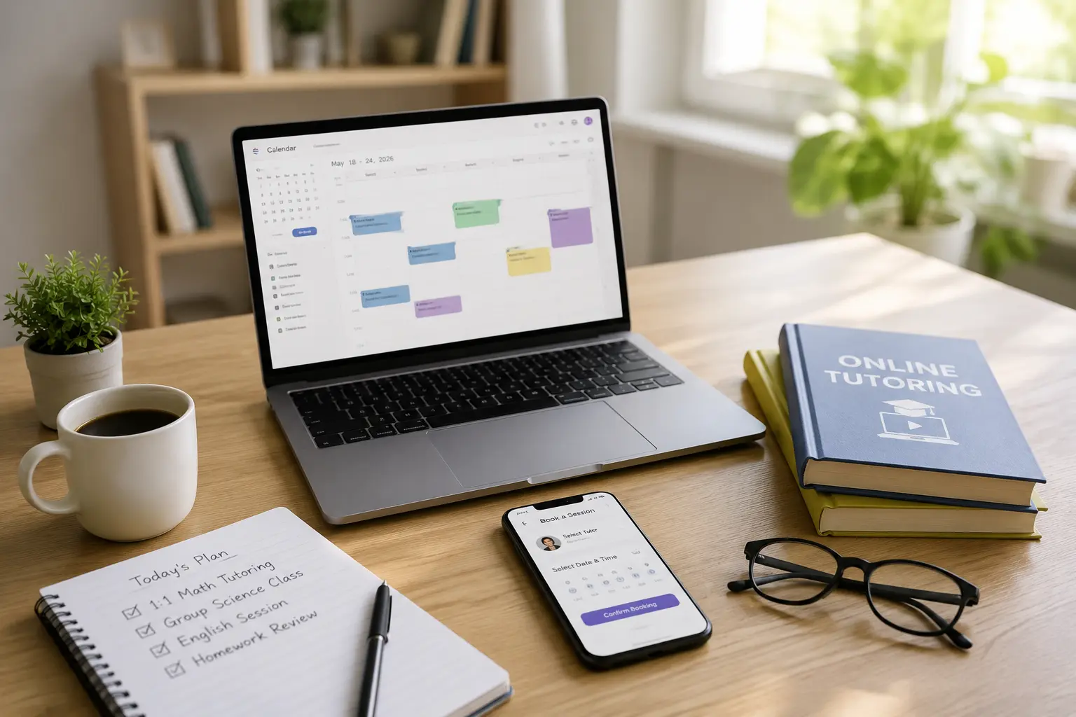 Laptop and smartphone showing tutor scheduling tools on a study desk with books and notes
