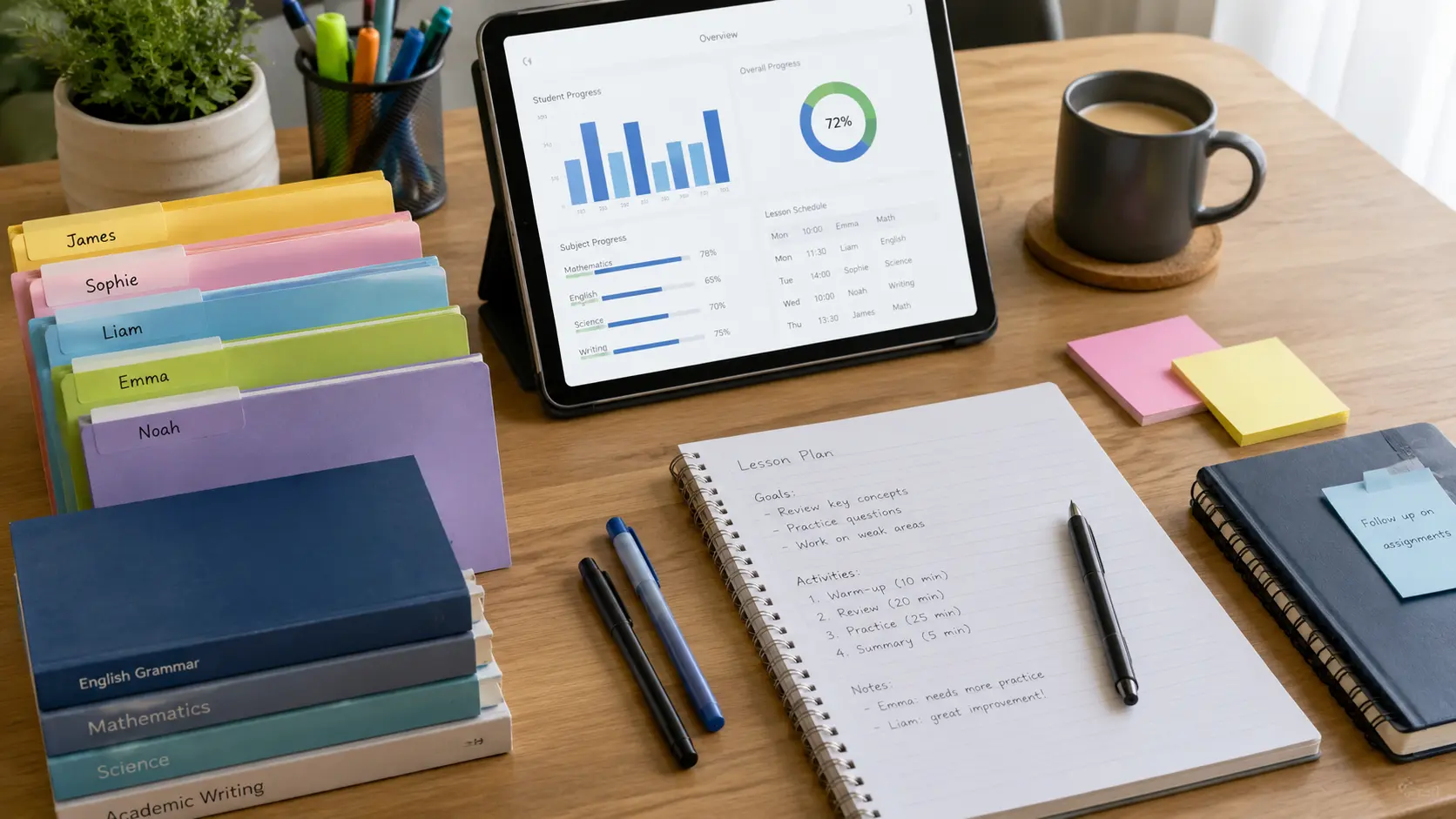 Organized tutor lesson management setup with student folders, lesson plan notes, and progress dashboard