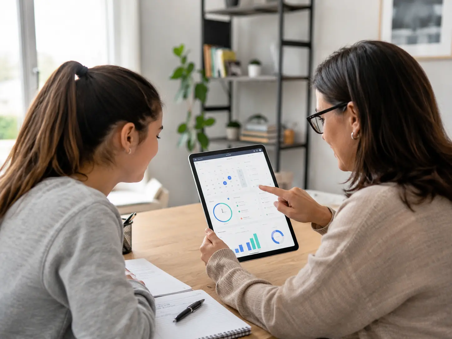 Tutor and student reviewing a digital tutoring hours tracking app on a tablet during a study session.