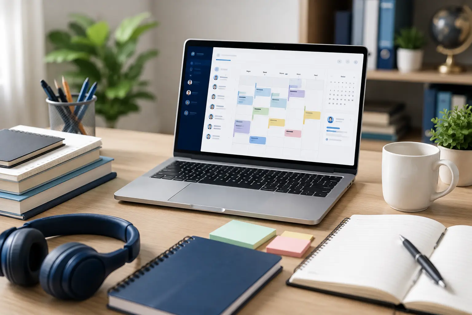 Modern workspace with a laptop displaying a tutoring scheduling dashboard alongside notebooks and office supplies, representing appointment scheduling software for tutoring businesses.