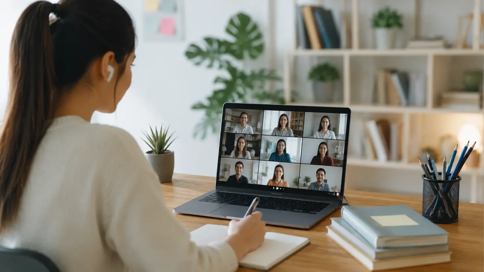 Tutor conducting an online tutoring session with students on a video call from a modern home workspace.
