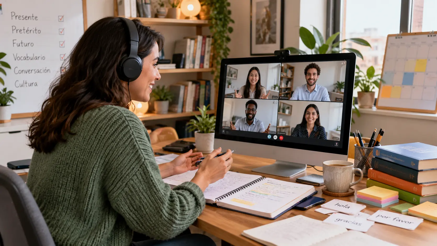 Online language tutor teaching a virtual with international students, using digital tools and lesson plans to run an online language school.