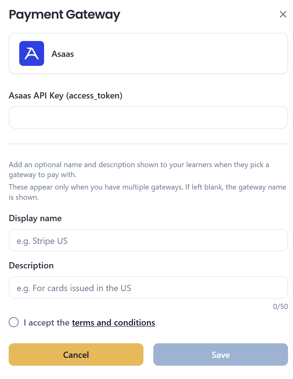 Asaas connection form showing an API Key (access_token) field