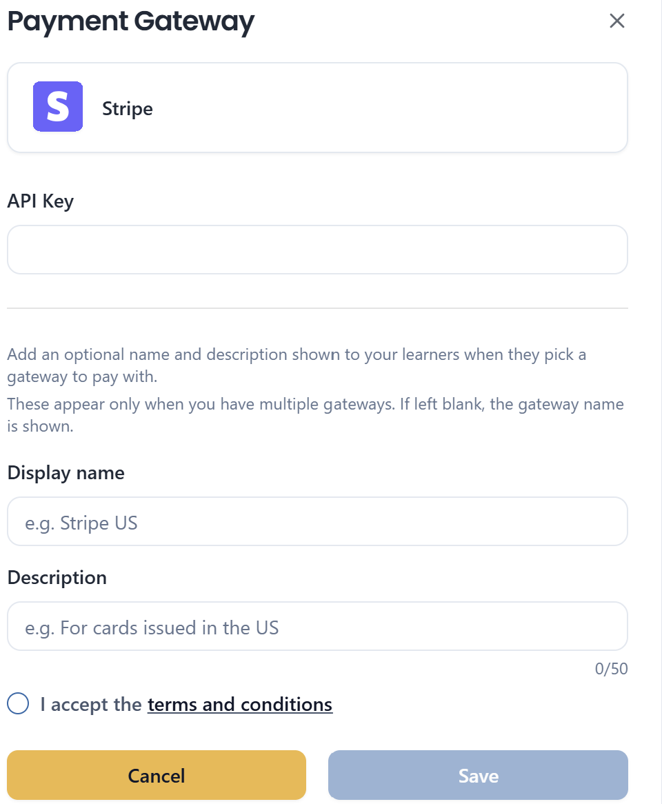 Stripe connection form showing a single API Key field